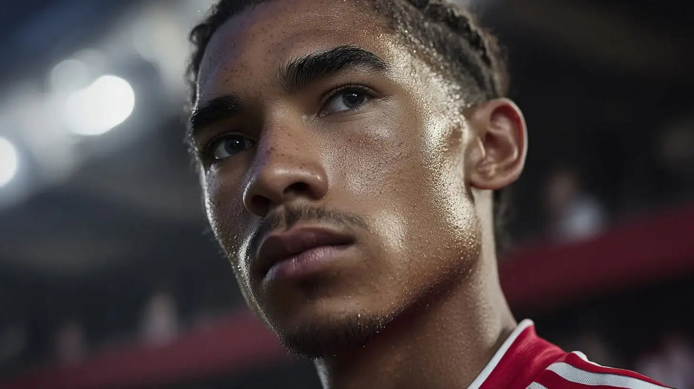 Aaron Bouwman of Ajax in a close-up under floodlights, beads of sweat, focused gaze, classic red and white shirt.