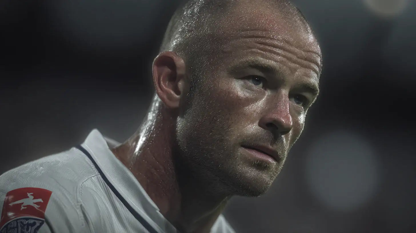 Alan Shearer for England in a tight headshot, white national team shirt, wet skin catching stadium light, intense expression.