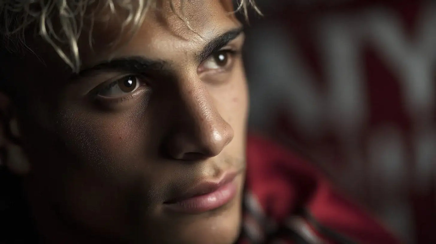 Alejandro Garnacho of Manchester United in a moody portrait, deep red shirt, shallow depth of field, eyes looking off frame.