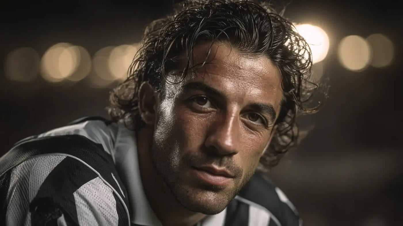 Alessandro Del Piero in the Juventus kit, close-up under floodlights with a focused stare and wet hair before kickoff.