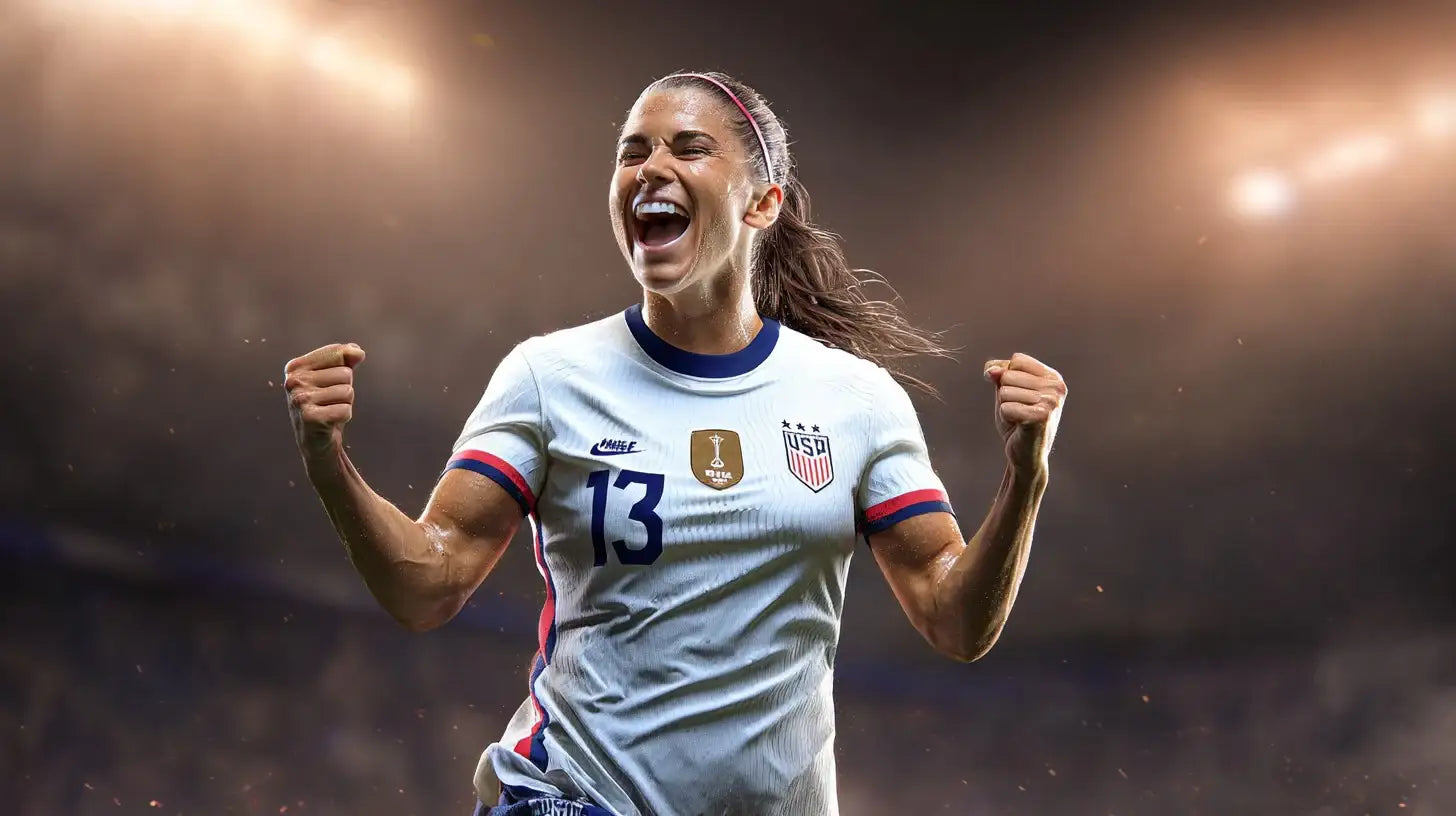 Alex Morgan celebrates in the USA USWNT kit, number 13, fists clenched as bright stadium lights flare behind her.