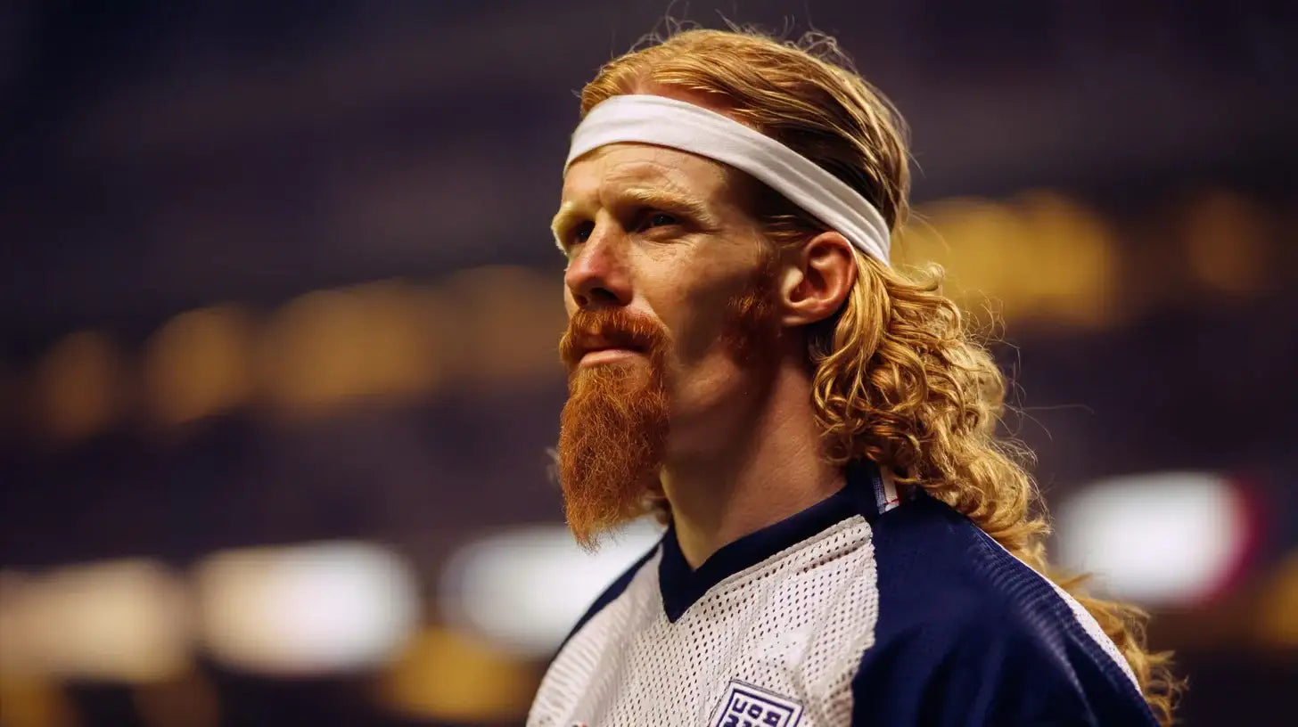 Alexi Lalas in United States national team white and navy football shirt with headband, looking focused on the pitch.