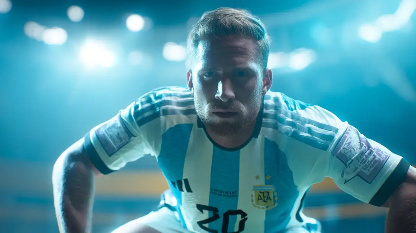 Alexis Mac Allister for Argentina crouched under bright lights, sky blue and white stripes, concentrated pre-match posture.