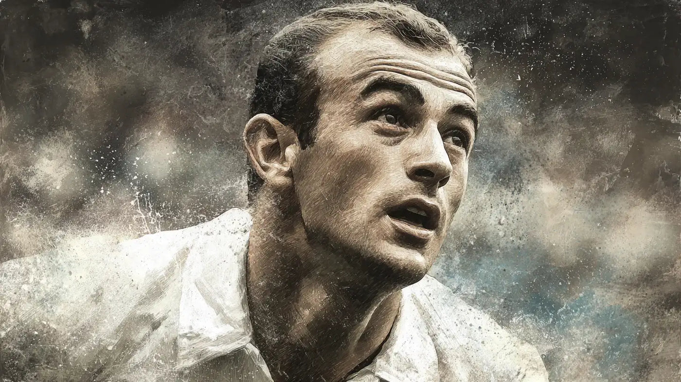 Alfredo Di Stéfano of Real Madrid in a vintage textured portrait, classic white kit, historic football artwork style.
