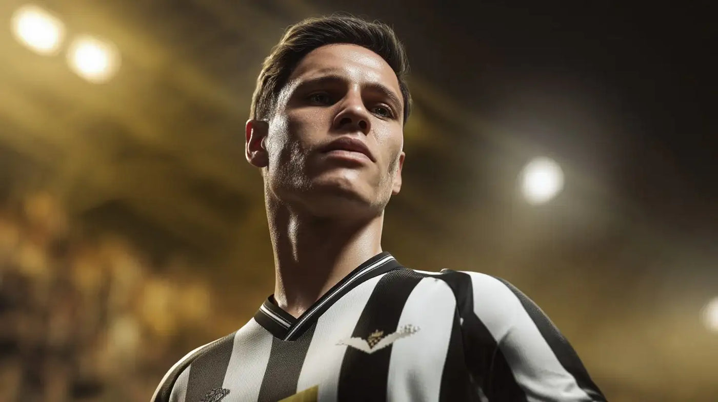 Alvaro Montoro wearing black and white striped Botafogo football shirt with dark V neck in the stadium.