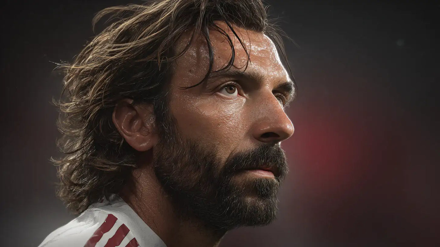 Andrea Pirlo of AC Milan in focused side profile, long hair and beard, club kit visible at shoulder, soft spotlight.