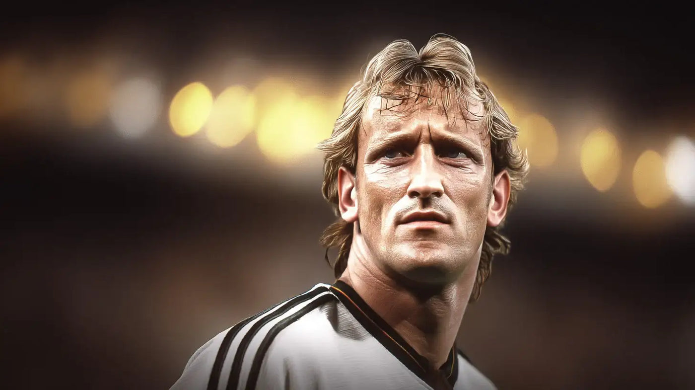 Andreas Brehme of Germany looks up thoughtfully while wearing a white football shirt with black shoulder stripes.