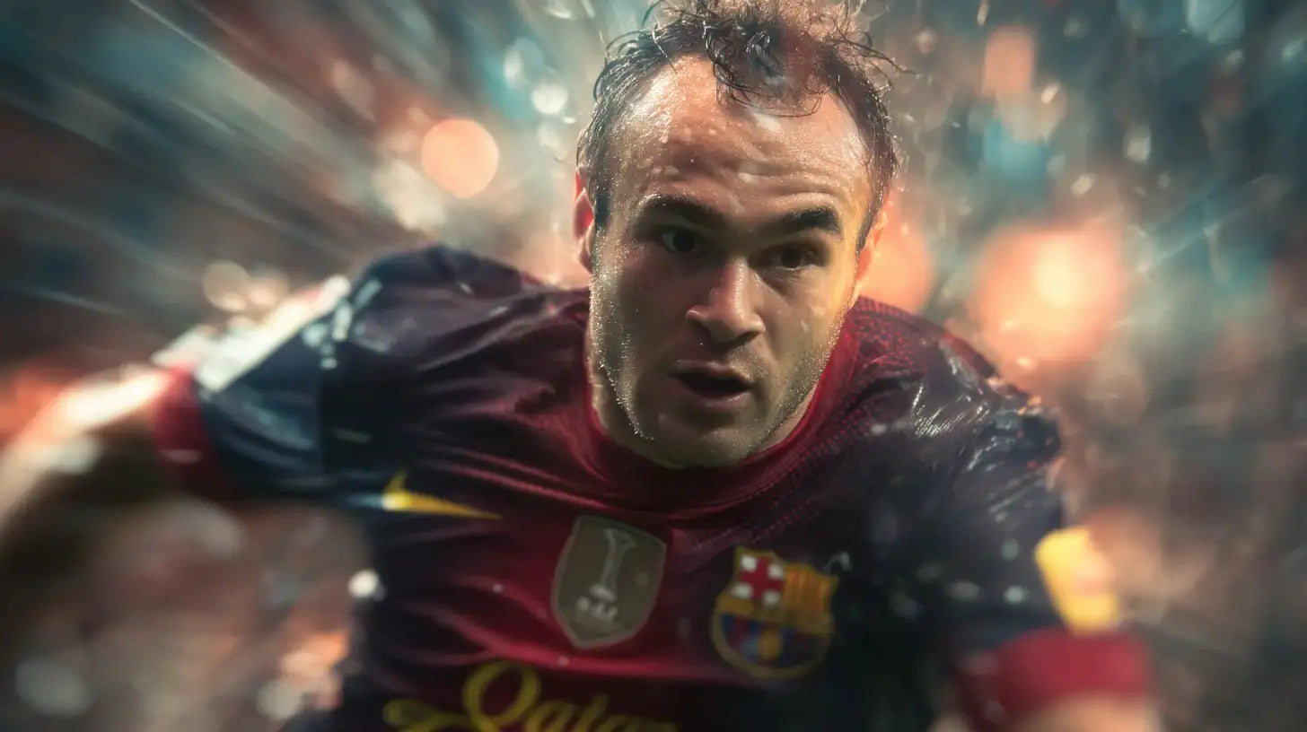 Andres Iniesta bursts forward in the FC Barcelona kit through driving rain, intense focus with motion blur in a packed stadium.