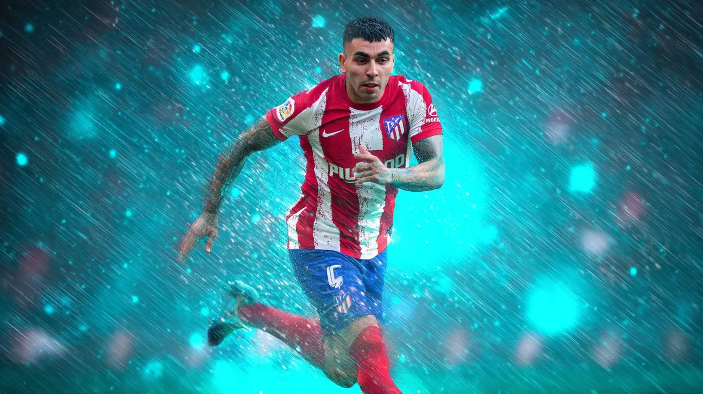 Ángel Correa for Atlético Madrid sprinting through rain, red and white striped shirt, determined face, fast diagonal streaks.