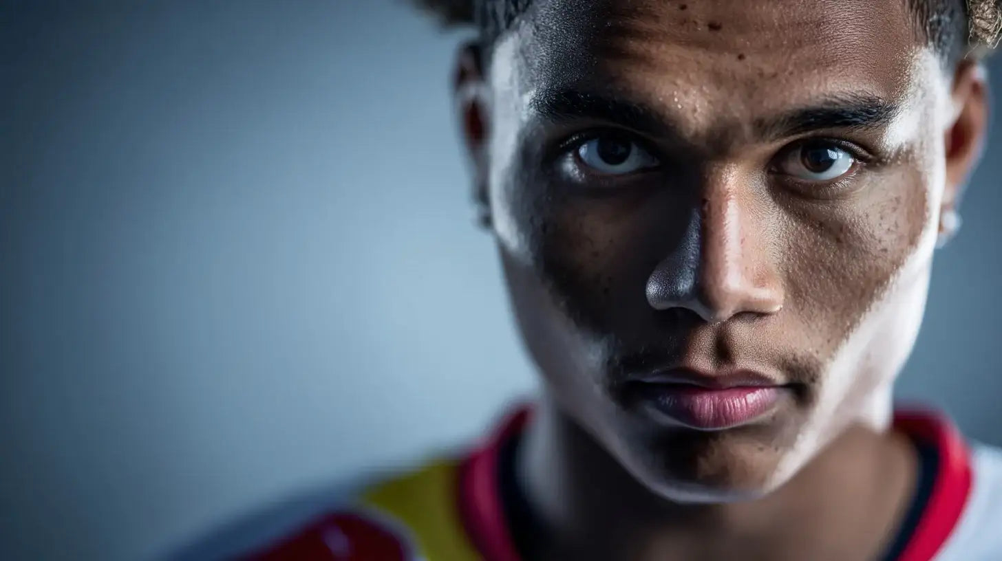 Antonio Nusa in RB Leipzig kit, intense close-up with studio lighting, perspiration visible, Red Bull colors and crest in frame.