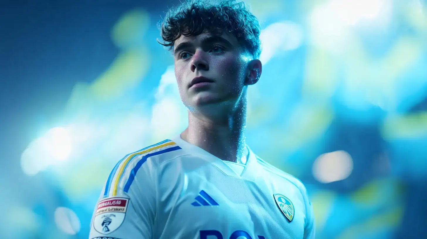 Archie Gray wearing Leeds United home shirt, upward gaze under bright floodlights, white Adidas kit details clear.