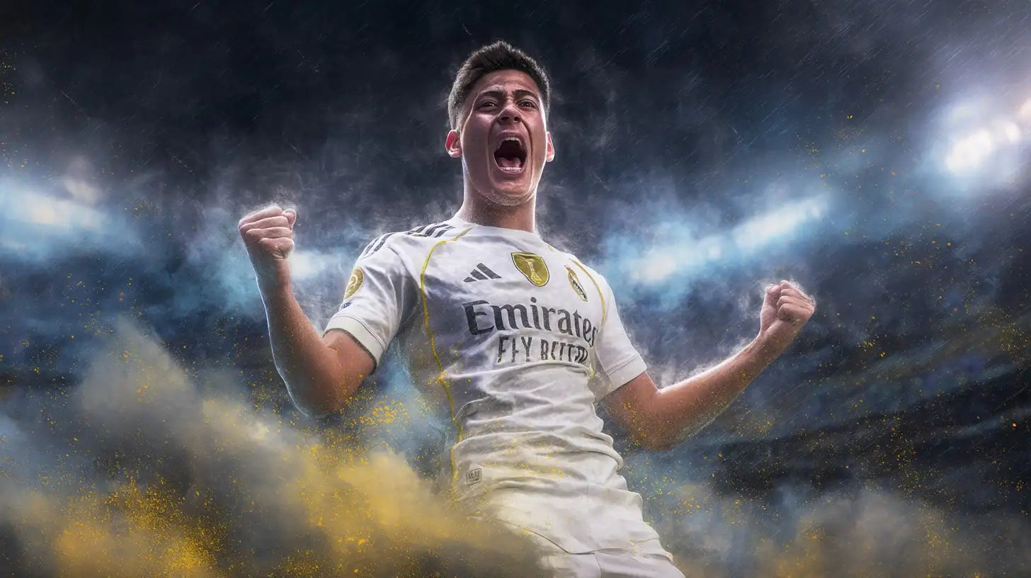 Arda Güler celebrating in Real Madrid jersey, fists raised amid stadium smoke and rain, white kit and club badges visible.