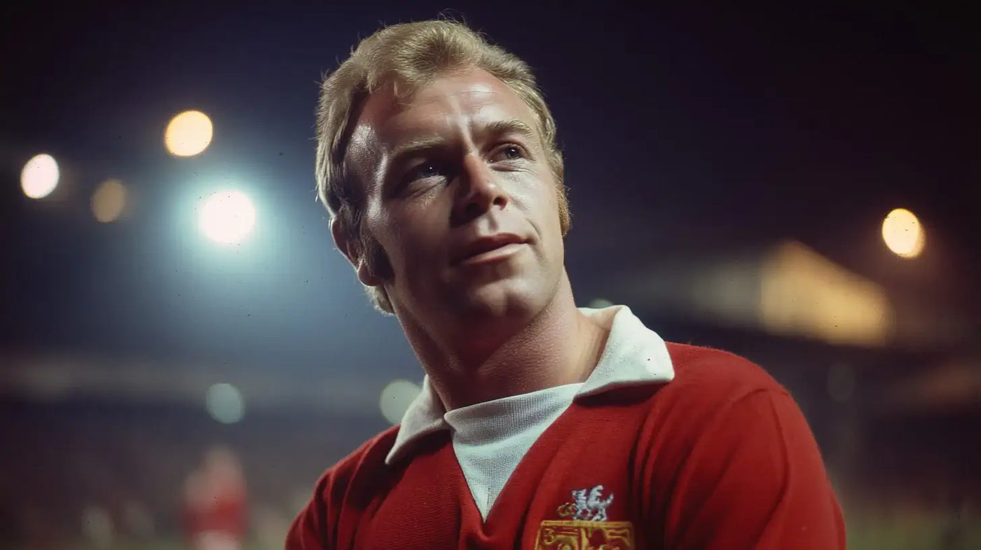 Arfon Griffiths wearing a red Wrexham football shirt with a white collar, looking to the side under blurred stadium floodlights.