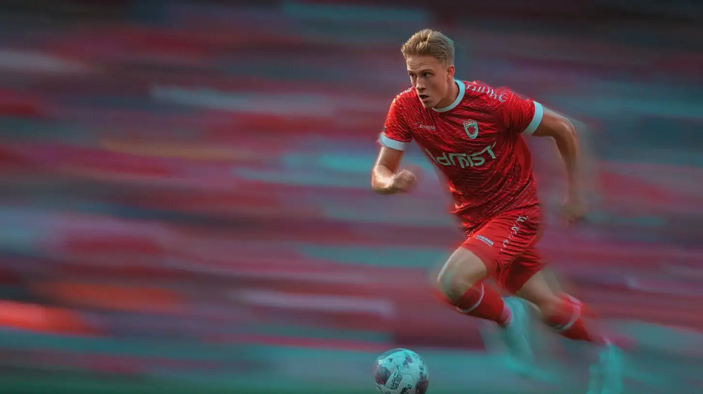 Arthur Vermeeren sprinting for Royal Antwerp, red kit in motion blur, focused expression and badge visible.