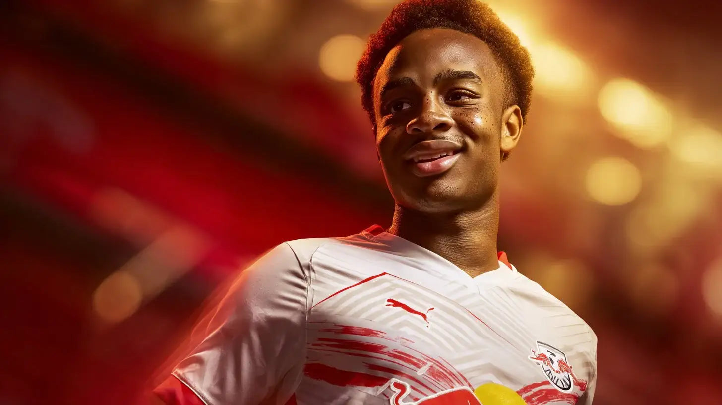 Assan Ouédraogo smiling in white RB Leipzig football shirt with red graphic print and club crest.