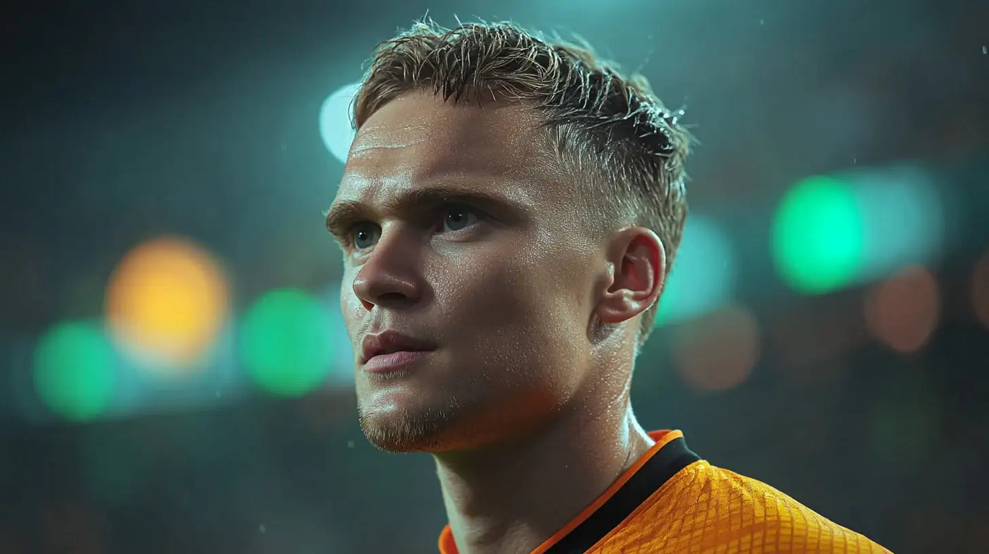 Bart Verbruggen in the Netherlands goalkeeper kit, rain speckles on his face with green stadium lights in the background.