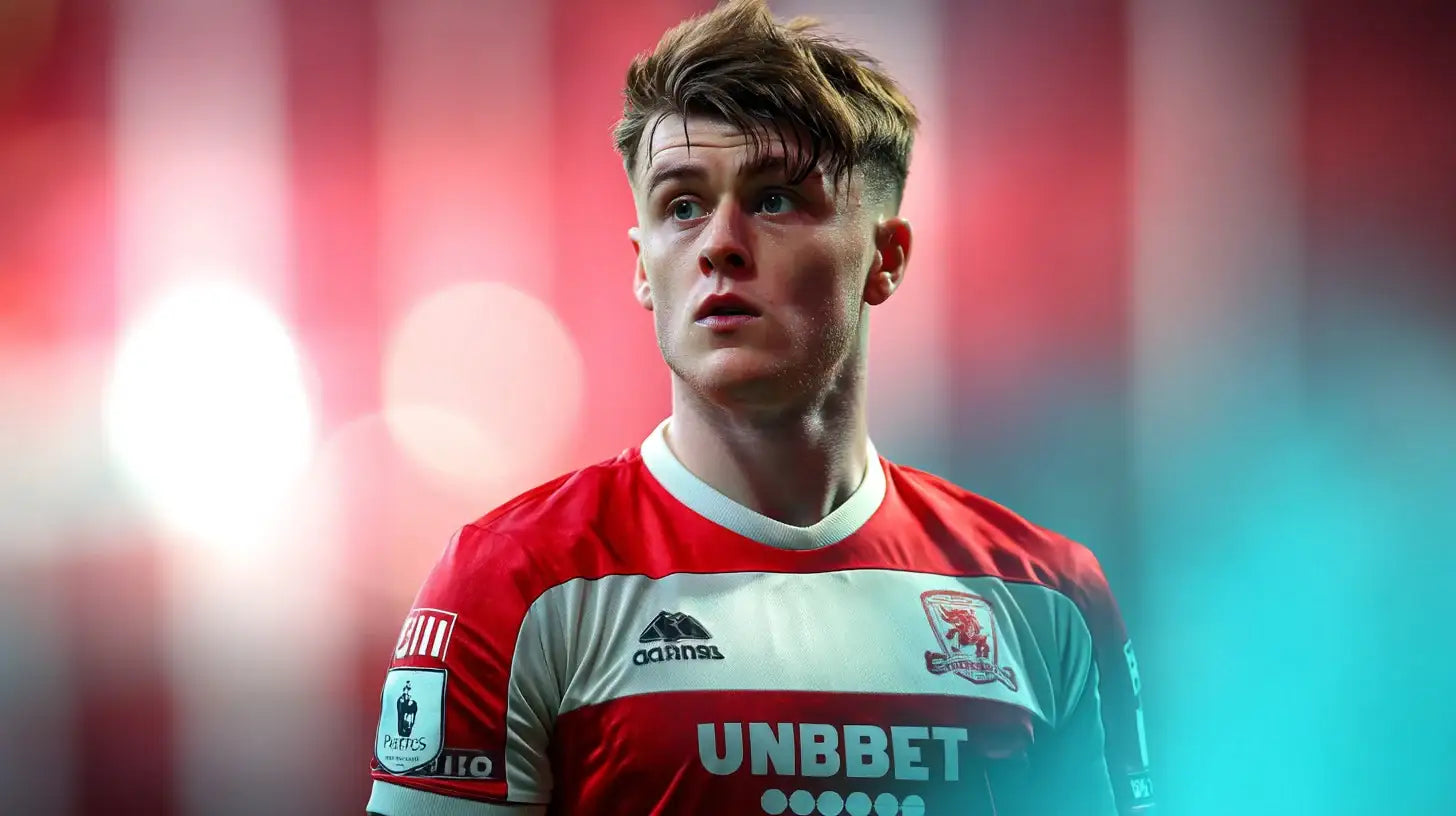 Ben Doak in Middlesbrough home strip, portrait under stadium lights, red and white hoops and club crest in focus.