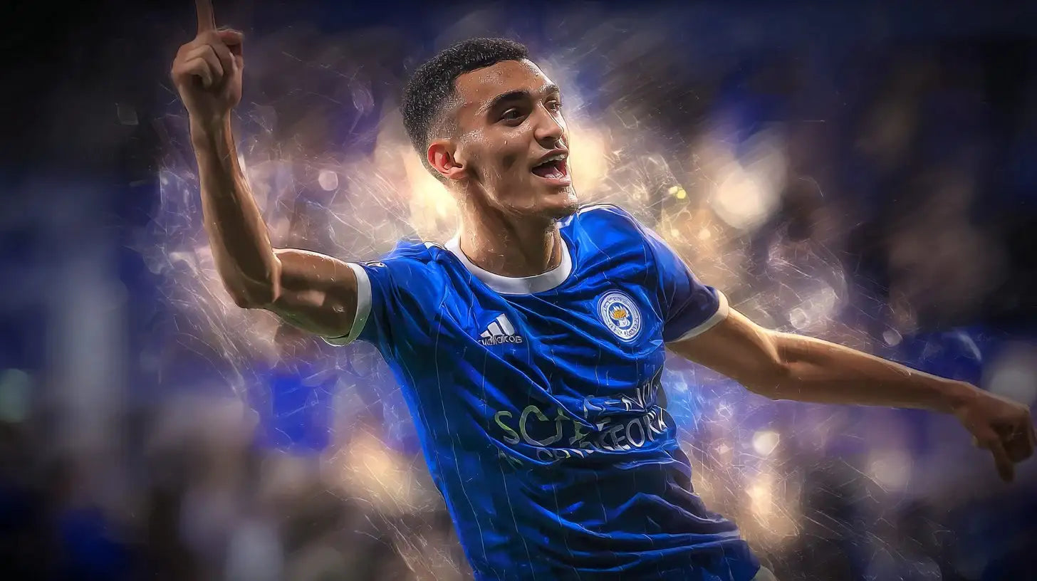 Bilal El Khannouss celebrating for Leicester City, blue home kit with crest, arms outstretched against bokeh crowd.