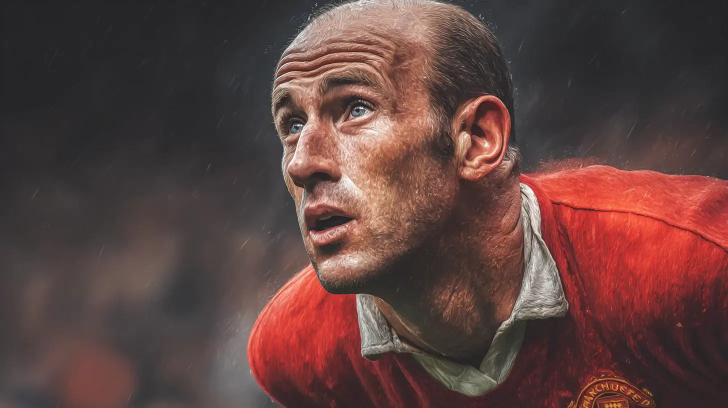 Bobby Charlton classic portrait in Manchester United shirt, rain-soaked close-up with club badge and collar detail.