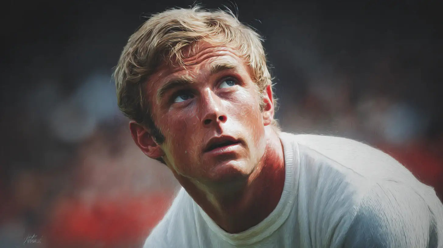 Bobby Moore looking upward in England national team kit, classic white jersey, soft stadium background.