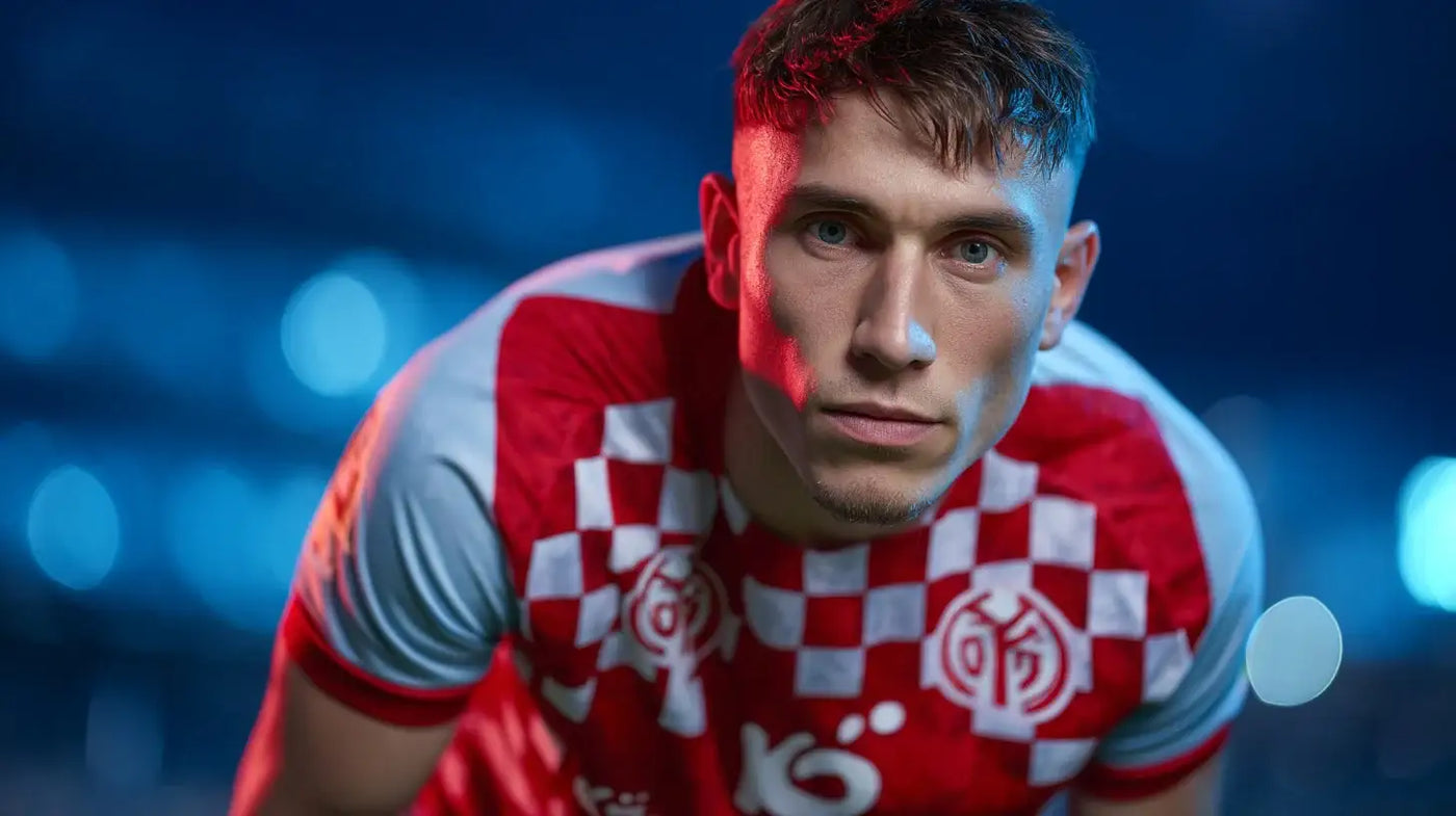 Brajan Gruda in 1. FSV Mainz 05 home shirt, close-up under blue stadium lights, red and white checker pattern prominent