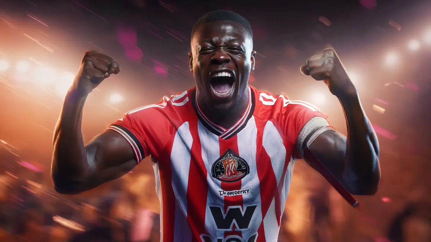 Brian Brobbey celebrating with clenched fists in a red and white Sunderland home shirt during a night match.