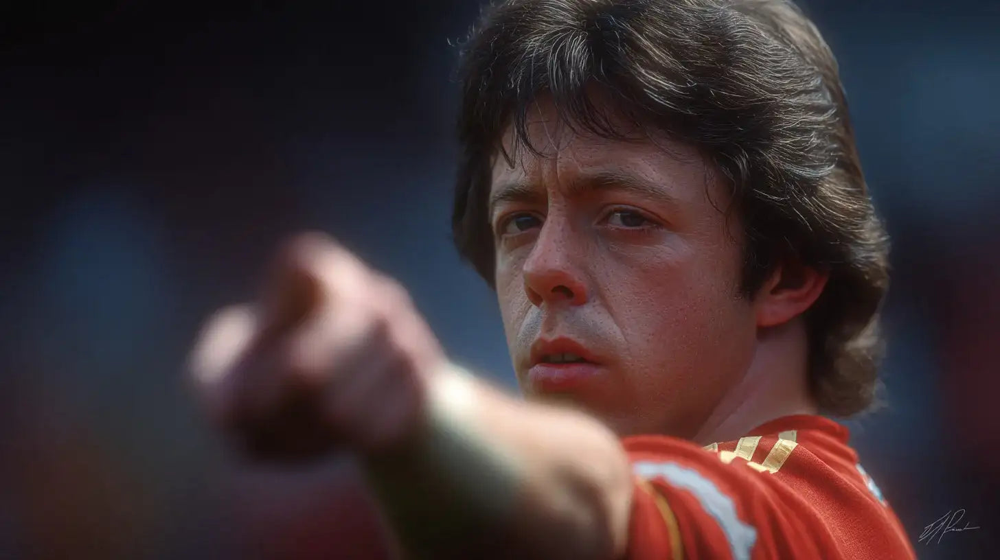 Brian Flynn in a red Wrexham football shirt pointing ahead, close-up portrait with the background softly blurred.