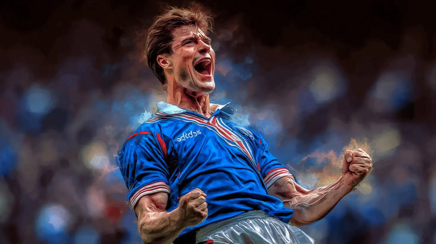 Brian Laudrup of Glasgow Rangers celebrates with clenched fists while wearing a blue football shirt with white collar and red trim.