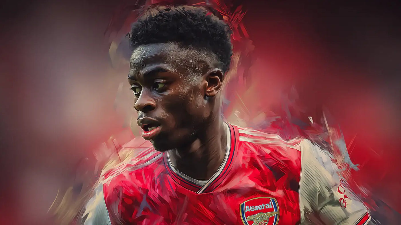 Bukayo Saka mid-match in an Arsenal kit, sweat on face, dynamic red background suggesting motion.