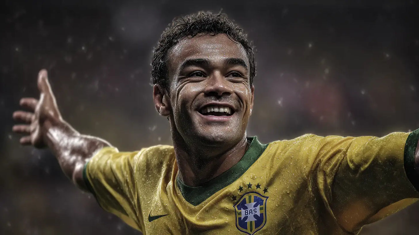 Cafu smiling with arms wide in a yellow Brazil jersey, rain droplets visible under floodlights.