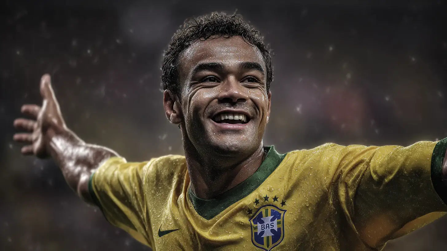 Cafu smiling with arms wide in a yellow Brazil jersey, rain droplets visible under floodlights.