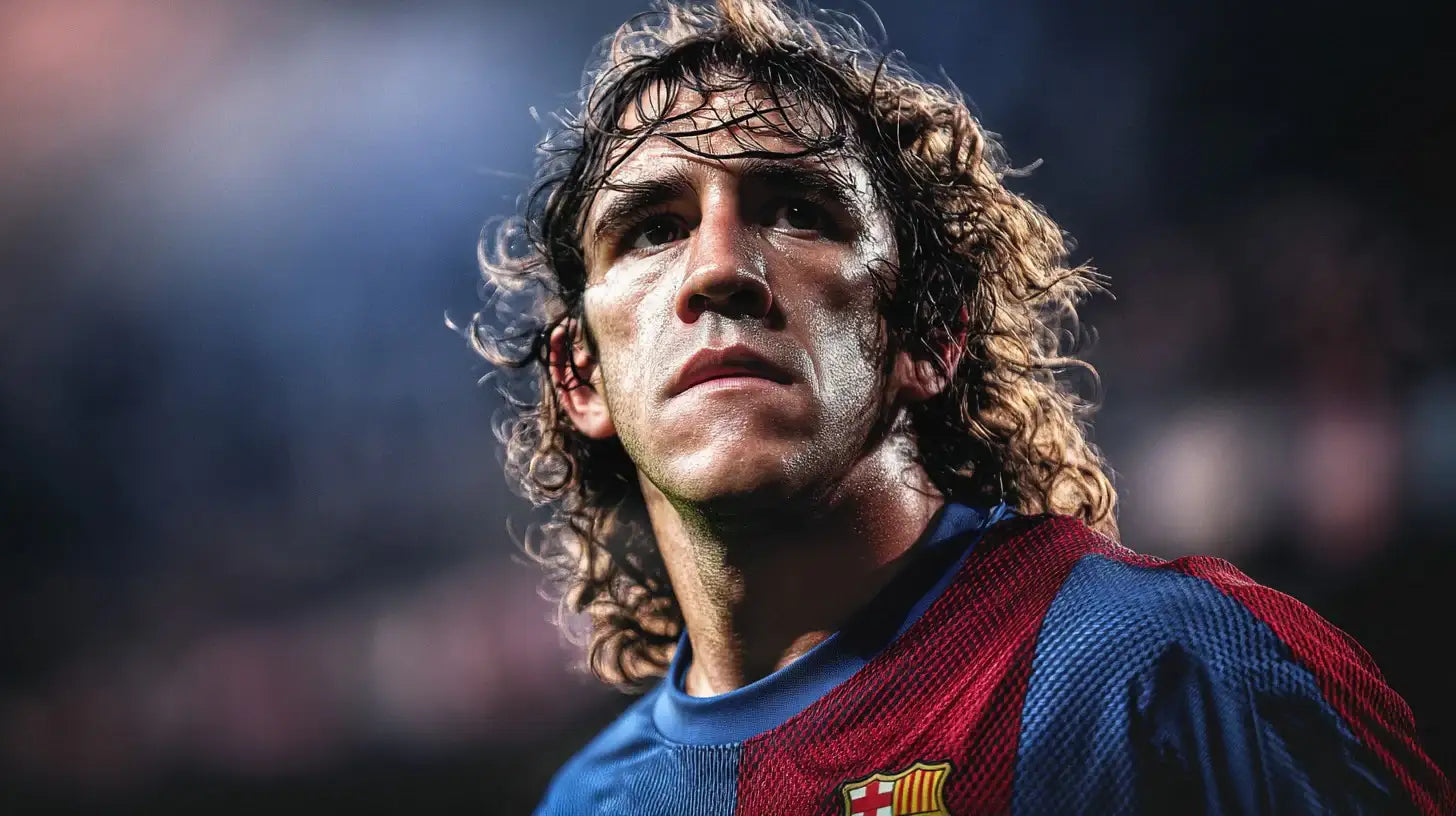 Carles Puyol wearing a red and blue FC Barcelona football shirt with the club crest, wet curly hair and intense gaze under stadium lights.