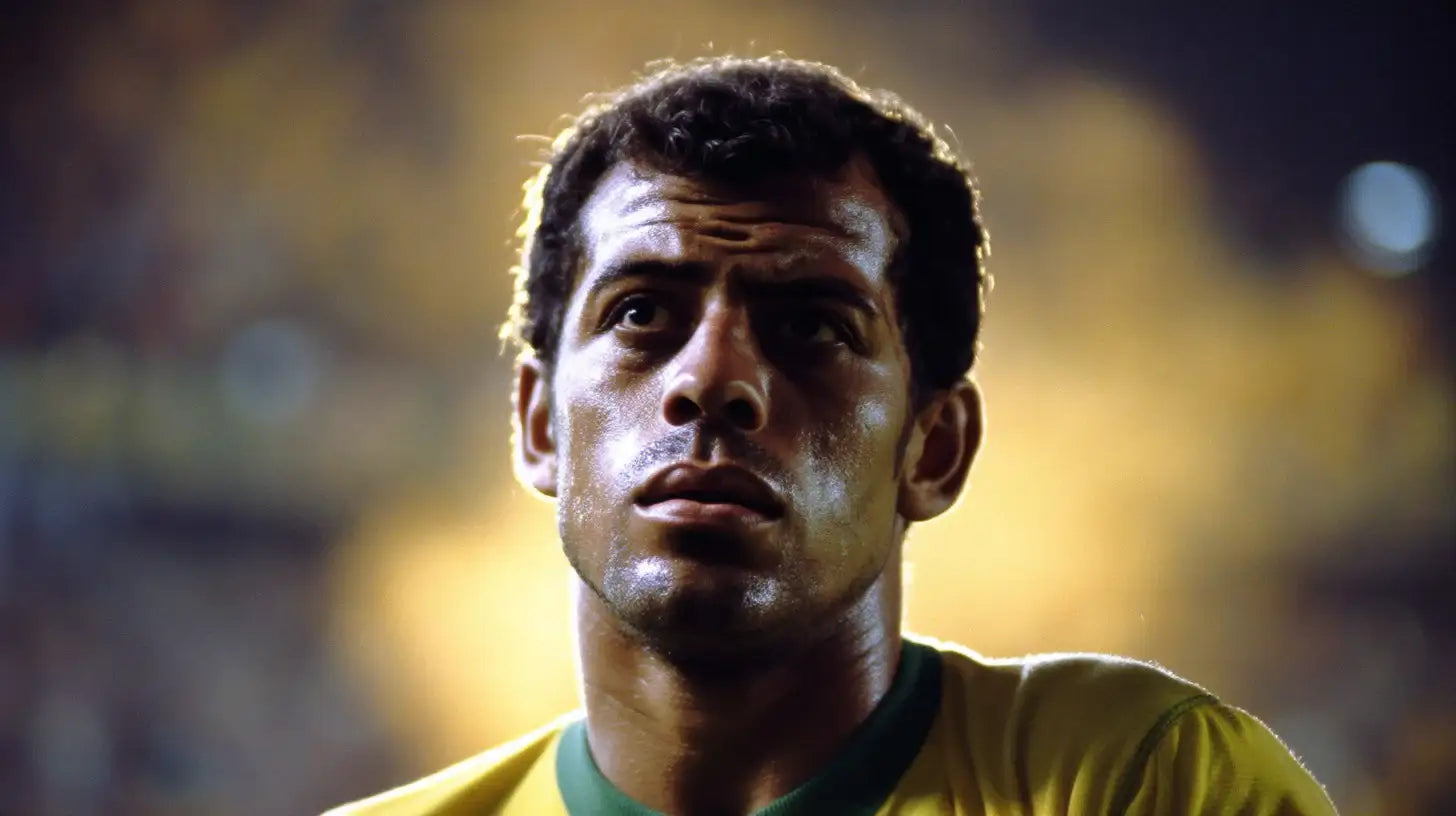 Carlos Alberto Torres wearing a yellow Brazil football shirt with green collar, stadium lights blurred in the background.