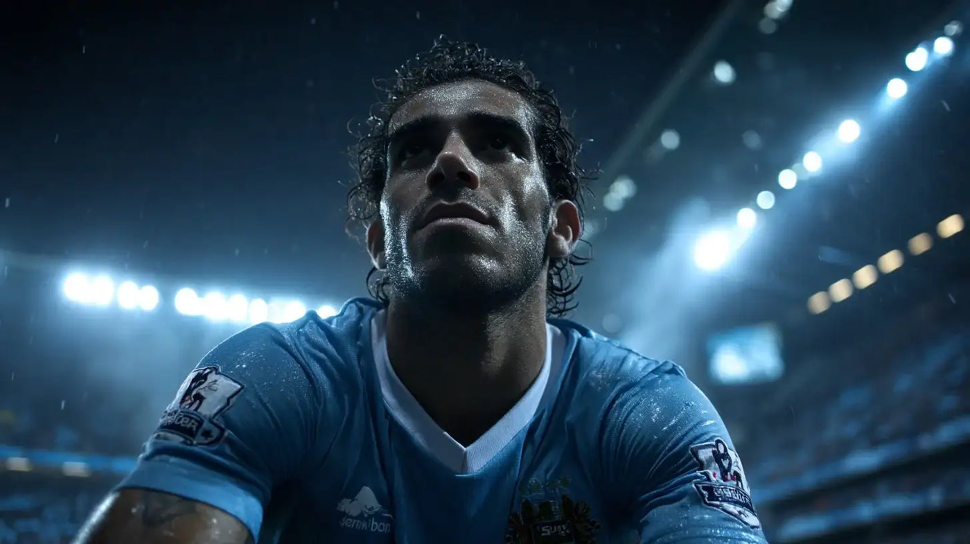 Carlos Tevez crouches in the Manchester City kit during a rainy night match, sweat and floodlights framing his determined gaze.