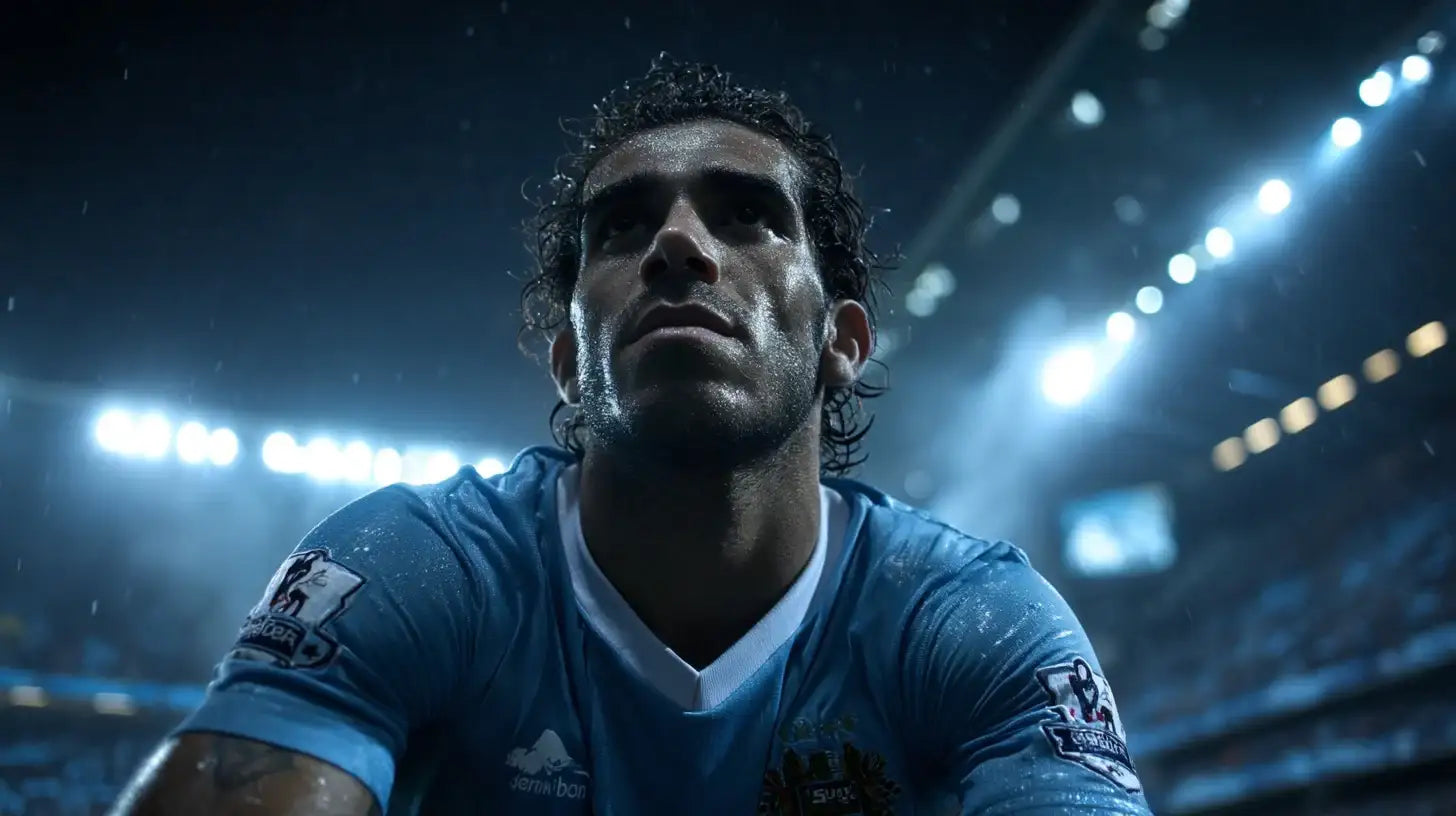Carlos Tevez crouches in the Manchester City kit during a rainy night match, sweat and floodlights framing his determined gaze.