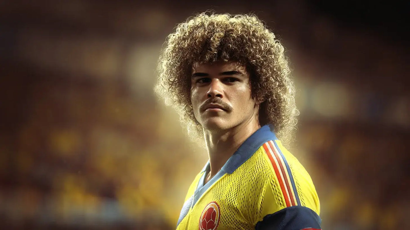 Carlos Valderrama in a yellow Colombia national team jersey, facing forward with curly hair and mustache under stadium lights.