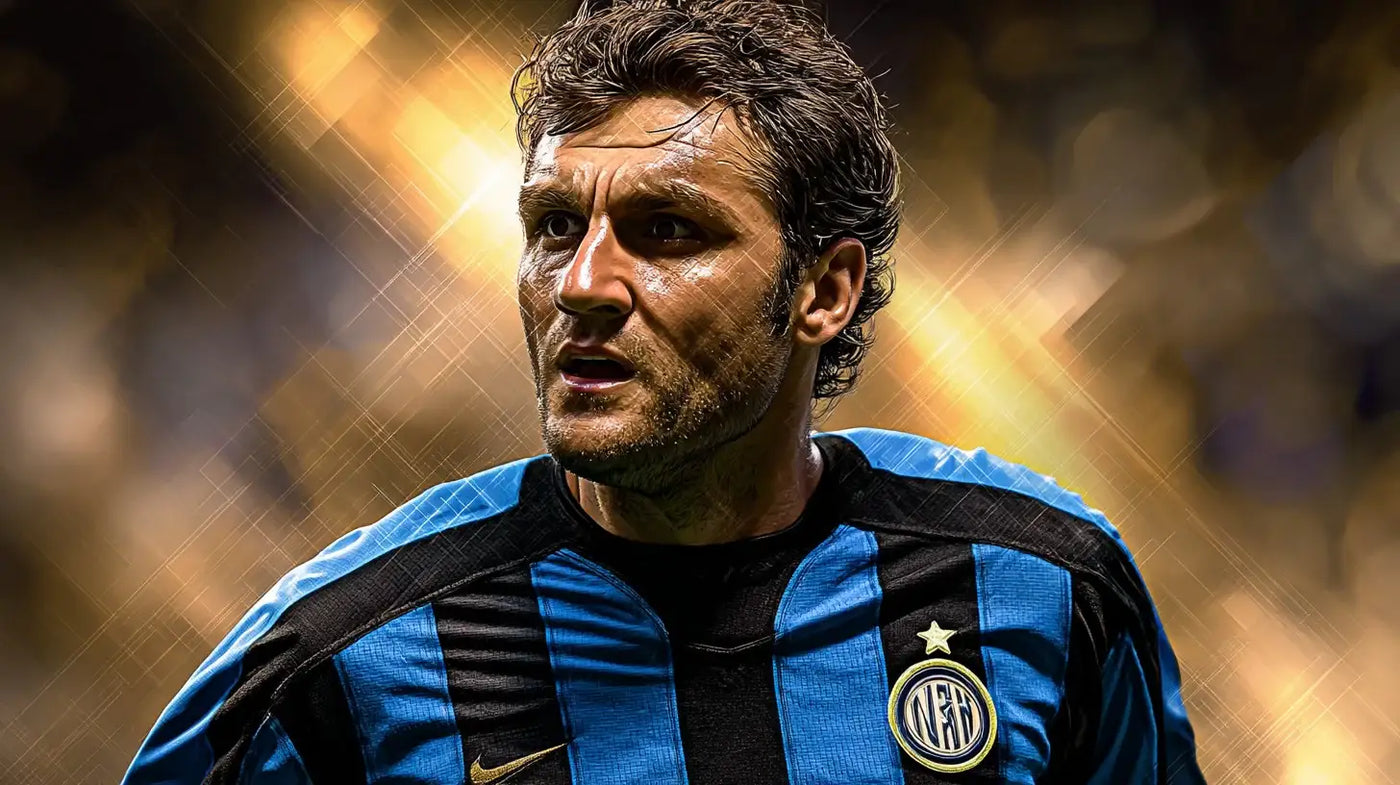 Christian Vieri wearing an Inter Milan blue and black striped football shirt with the club badge, under warm stadium lighting.