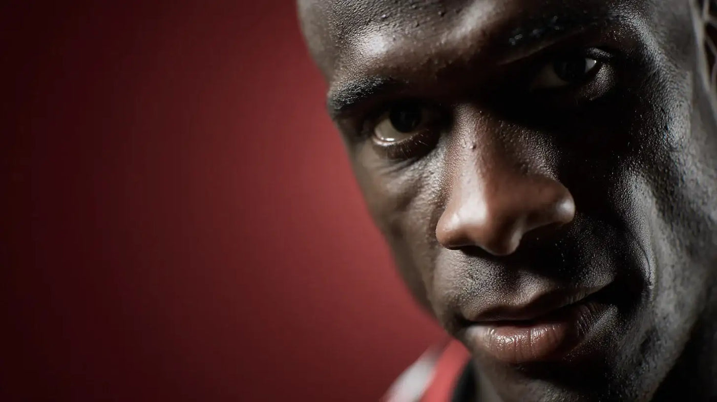 Clarence Seedorf close-up in the AC Milan kit, dramatic red backdrop and a steely look before the match.