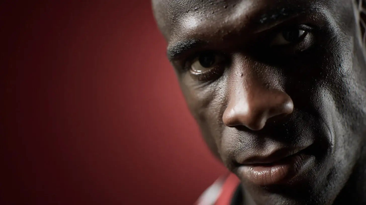 Clarence Seedorf close-up in the AC Milan kit, dramatic red backdrop and a steely look before the match.