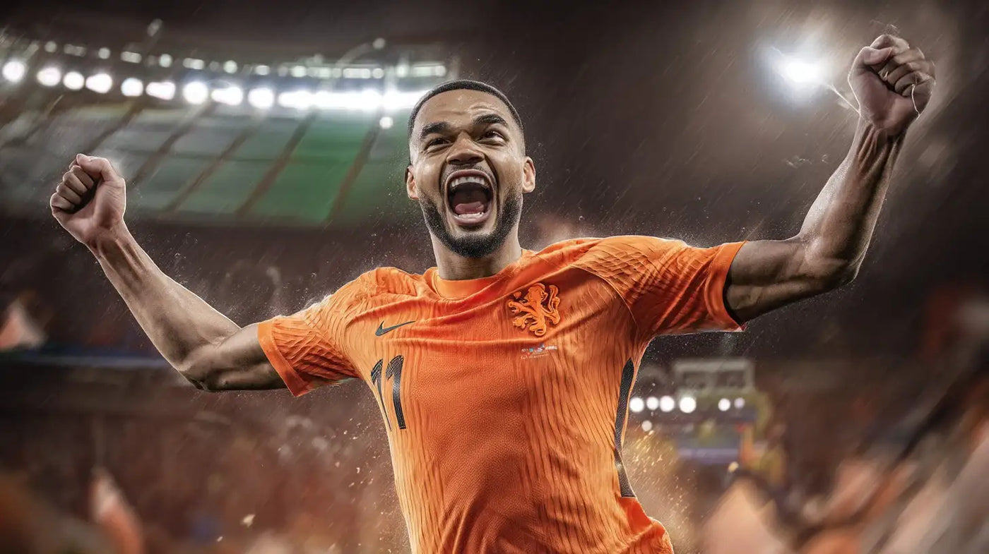 Cody Gakpo celebrates in the Netherlands kit, arms raised and roaring in the rain as the orange jersey with number 11 gleams under stadium lights.