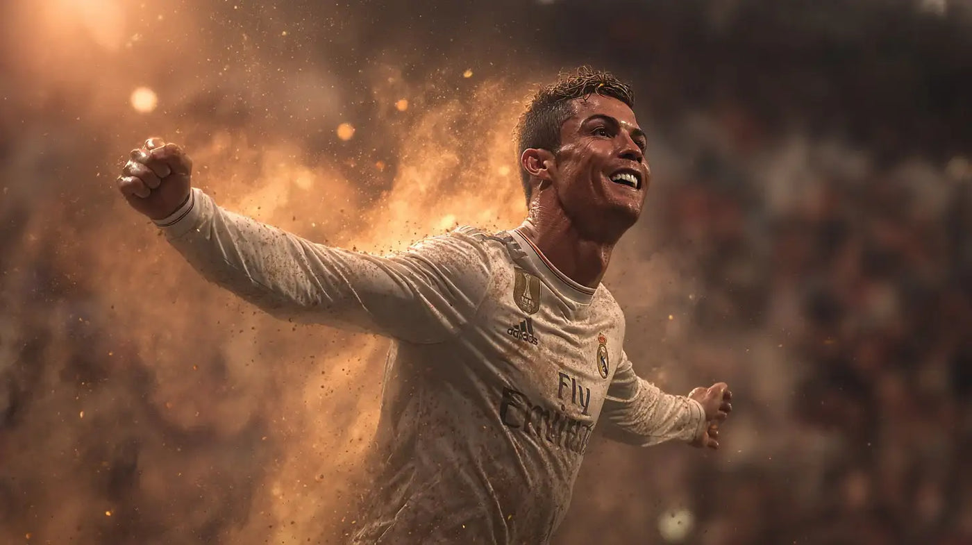 Cristiano Ronaldo in Real Madrid kit, sprinting and celebrating amid golden stadium dust and lights.