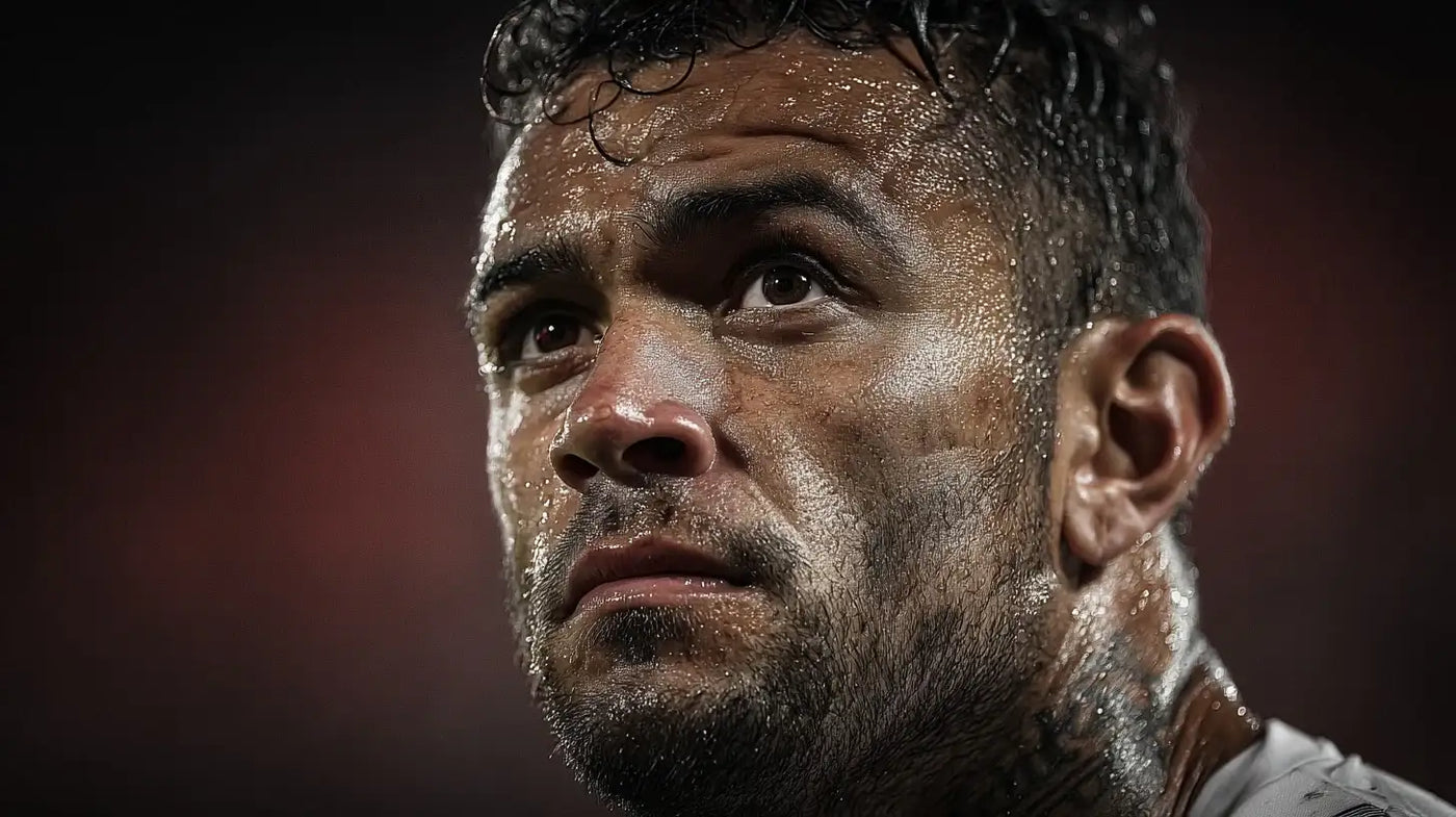 Dani Alves in Sevilla kit, intense close-up with sweat and focus before a La Liga clash.