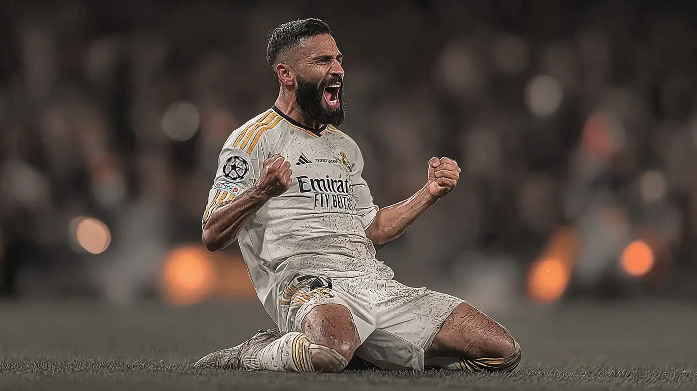 Dani Carvajal slides to celebrate in Real Madrid kit during the Champions League final.