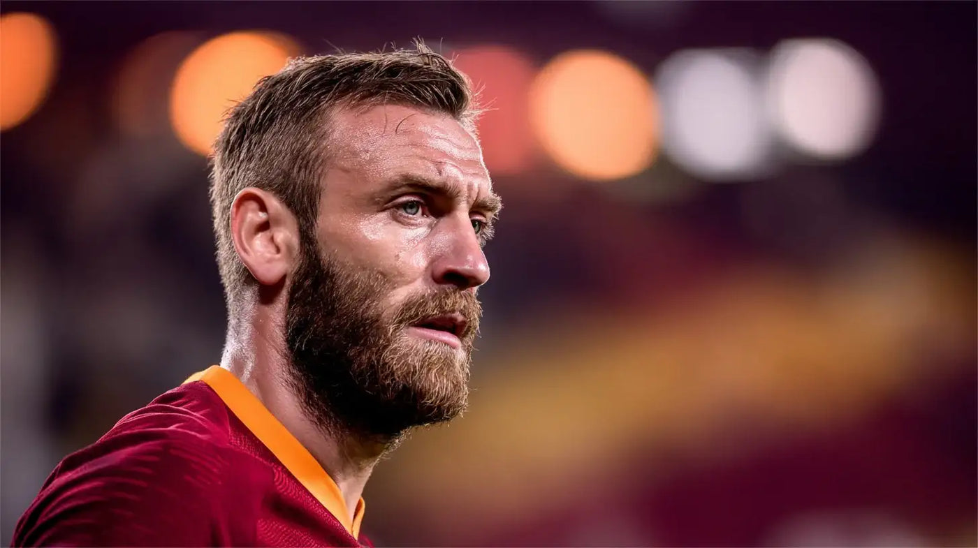 Daniele De Rossi in AS Roma kit, close-up under floodlights with a determined expression.