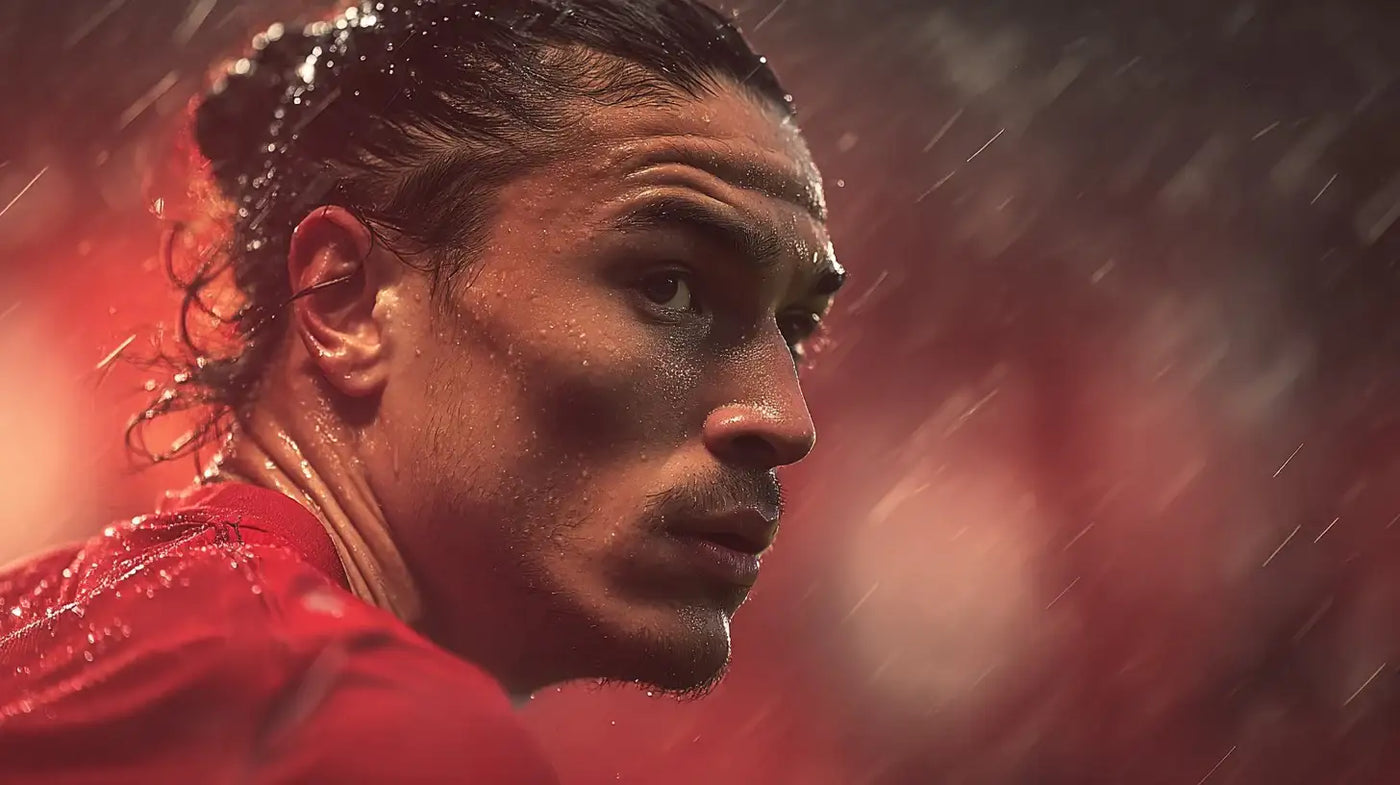 Darwin Núñez in Benfica kit, rain-soaked profile glancing back in a heated European tie.