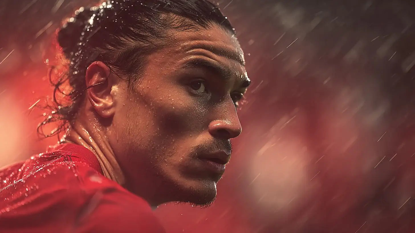 Darwin Núñez in Benfica kit, rain-soaked profile glancing back in a heated European tie.