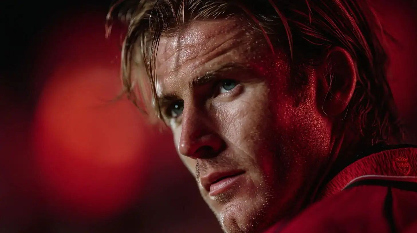 David Beckham in Manchester United kit, focused close-up under red stadium lights.