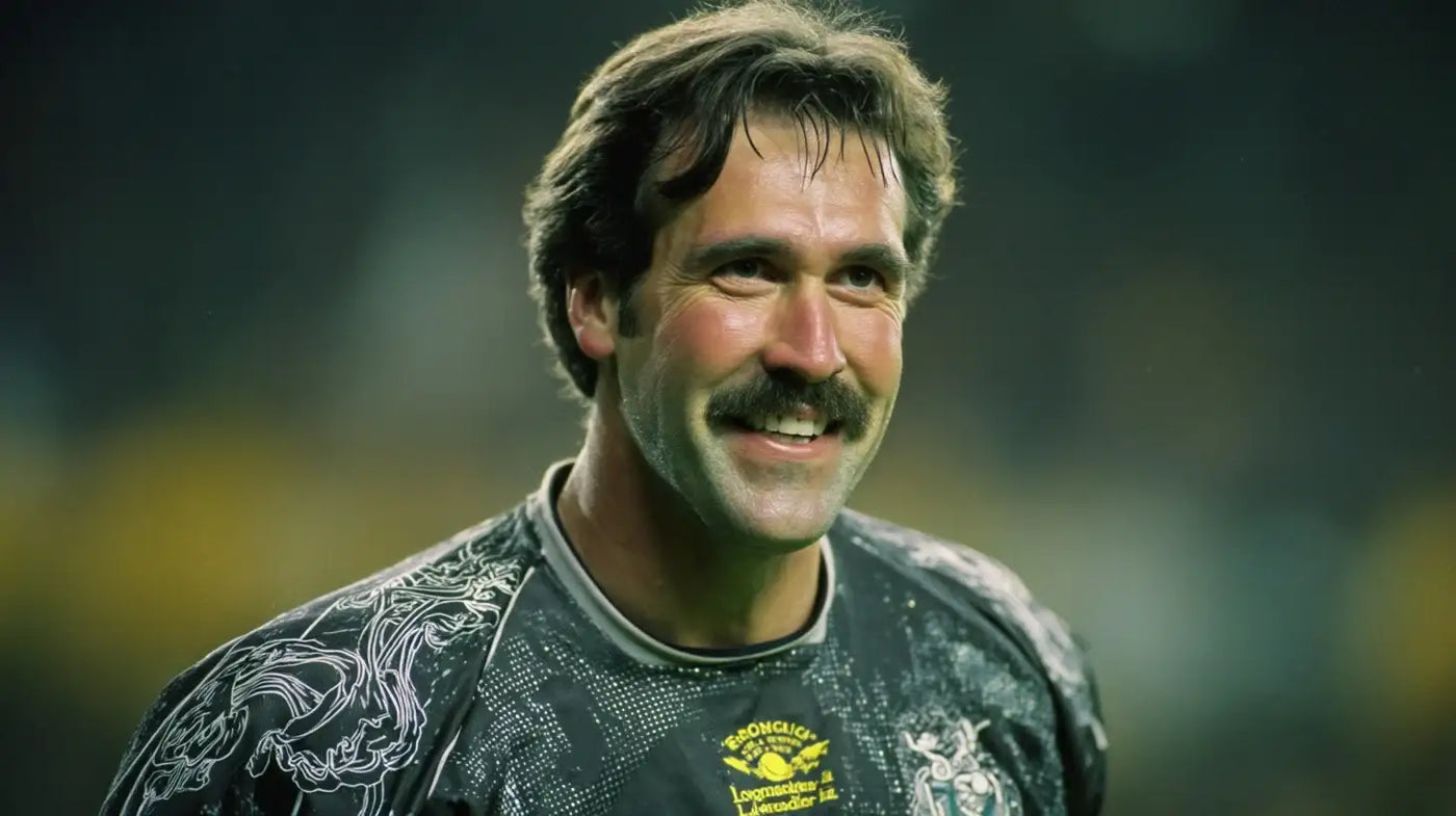 David Seaman smiling in a patterned black goalkeeper jersey for Arsenal, close-up portrait with dark blurred stands behind.