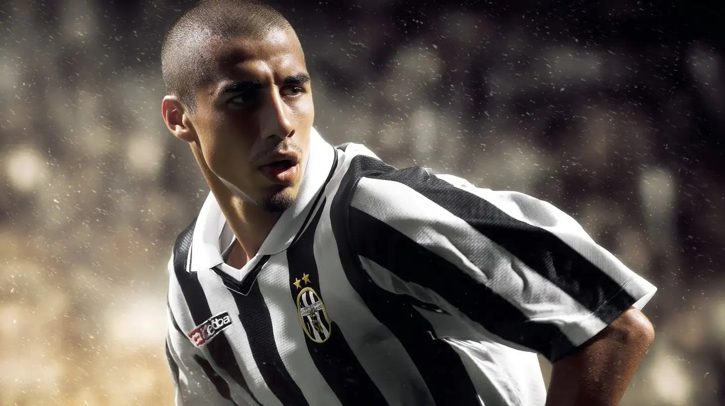 David Trezeguet in a Juventus black and white striped football shirt with a white collar, looking over his shoulder in a stadium.