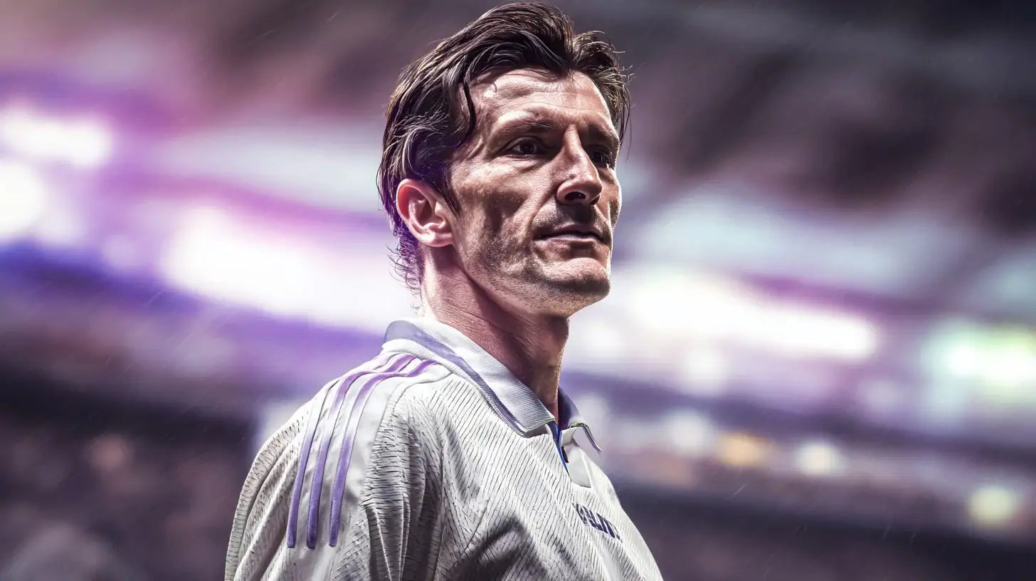 Davor Suker wearing a white Real Madrid football shirt with purple shoulder stripes, stadium lights blurred in the background.